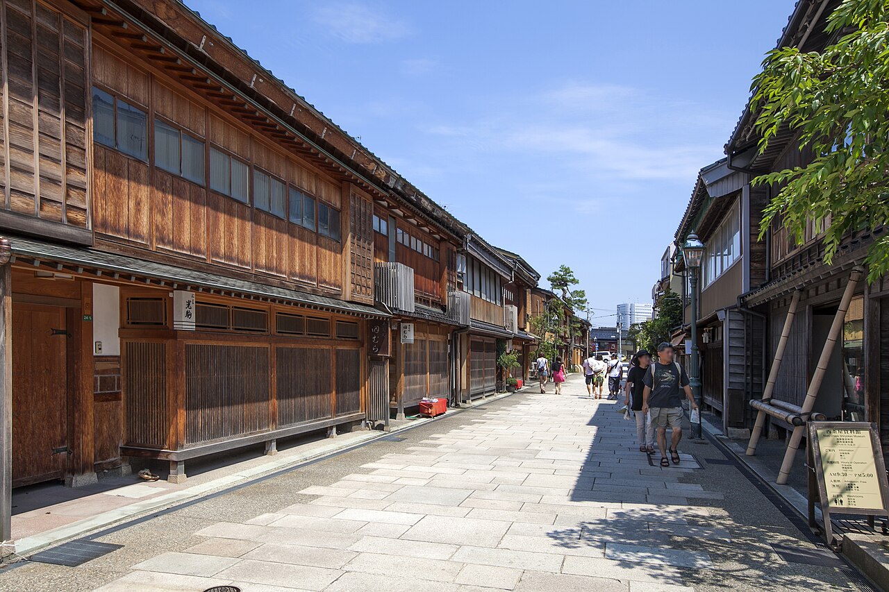 A quiet street of wooden teahouses in the Nishi Chaya district