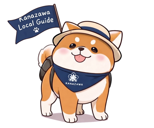 Yuri's Shiba Inu mascot standing and holding a Kanazawa Local Guide flag