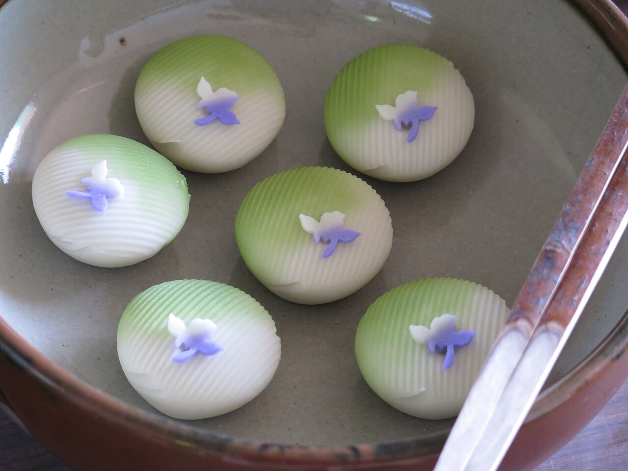 Small green and white Japanese sweets made for the tea ceremony